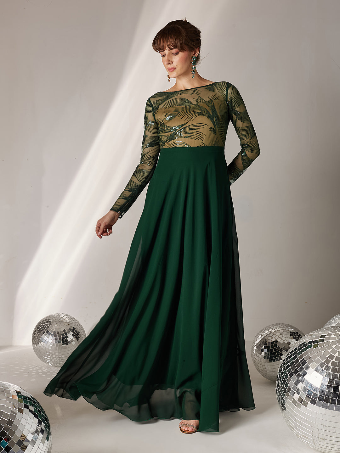 Women's Green & Beige Solid Embellished Maxi Dress
