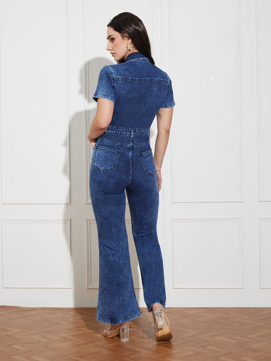 Women's Black Flared High Rise Regular Stretchable Denim Jumpsuit