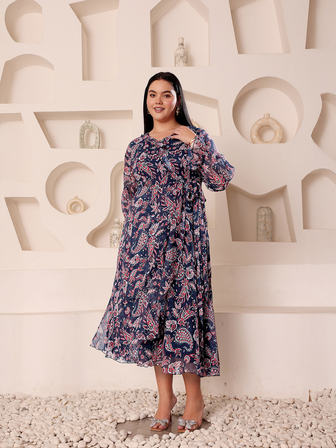 Women's Multicolored-Base-Navy Blue V-Neck Full Sleeves  Relaxed-Fit Midi Length Dress