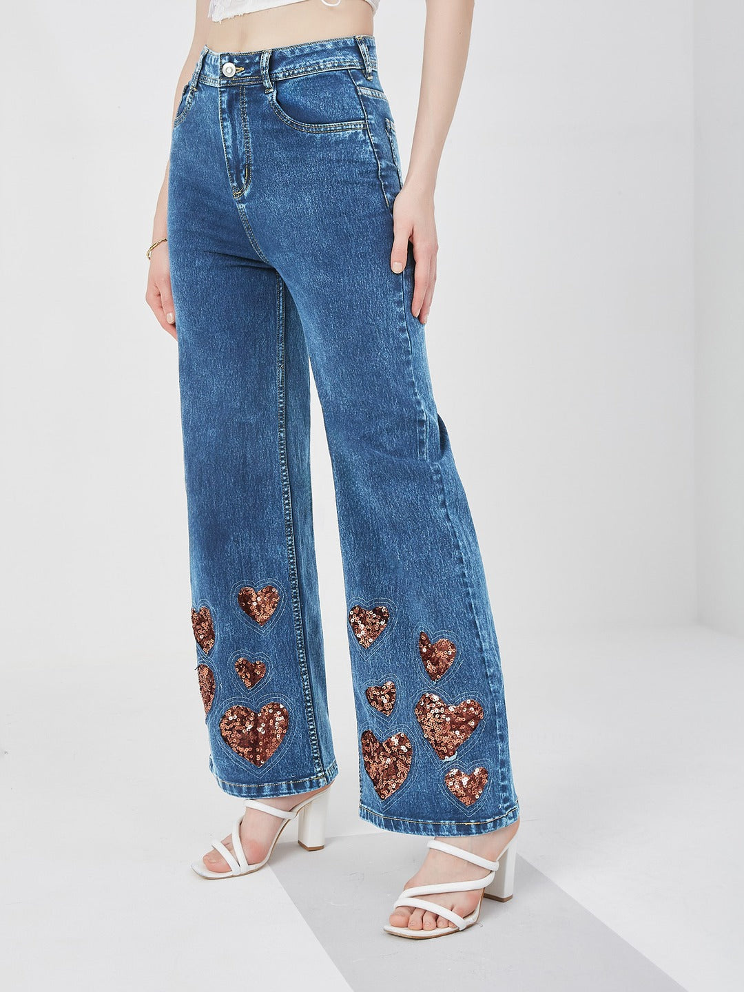 Mid Blue Wide leg high-rise Regular Stretchable Denim Jeans for Women