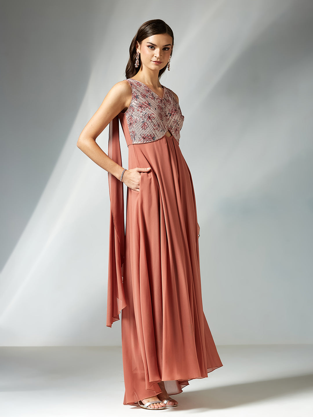 Peach V-Neck Sleeveless Floral Cut-Out Georgette Maxi Dress for Women