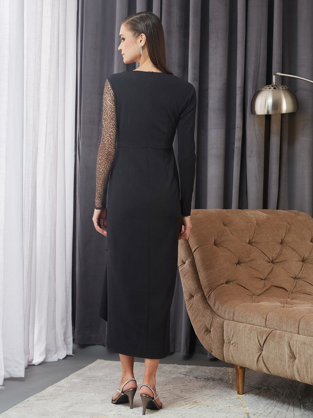 Black V-Neck Full Sleeve Embellished Bodycon Midi Polyester Dress for Women