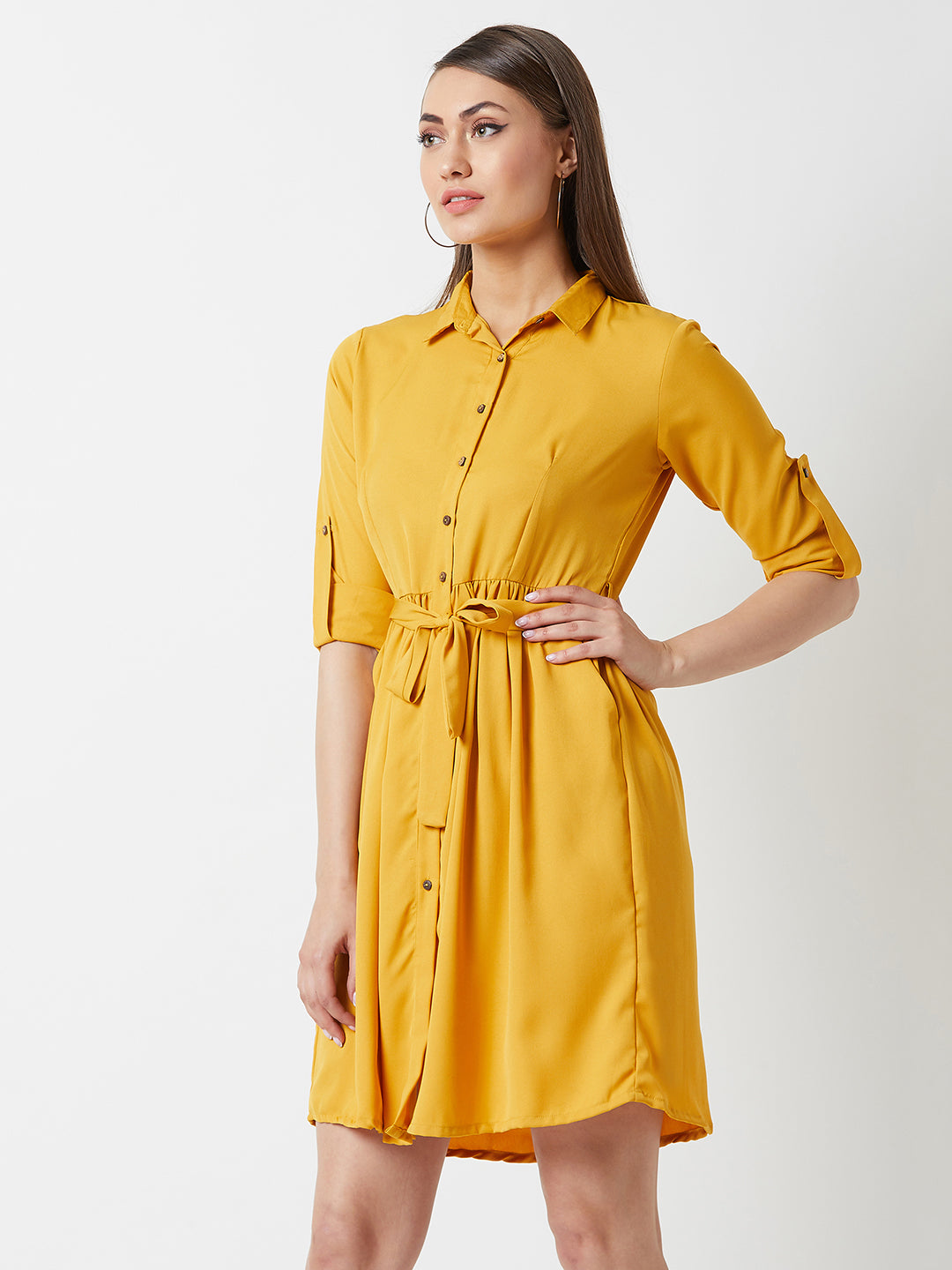 Women's Mustard Collared Round Neck Full Sleeve Solid Belted Buttoned Knee-Long Shirt Dress