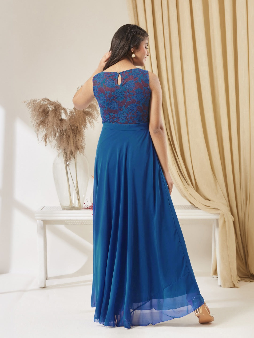 Royal Blue Round Neck Sleeveless Georgette Floral Lace Fit & Flare Maxi Dress for Girls/Teenagers