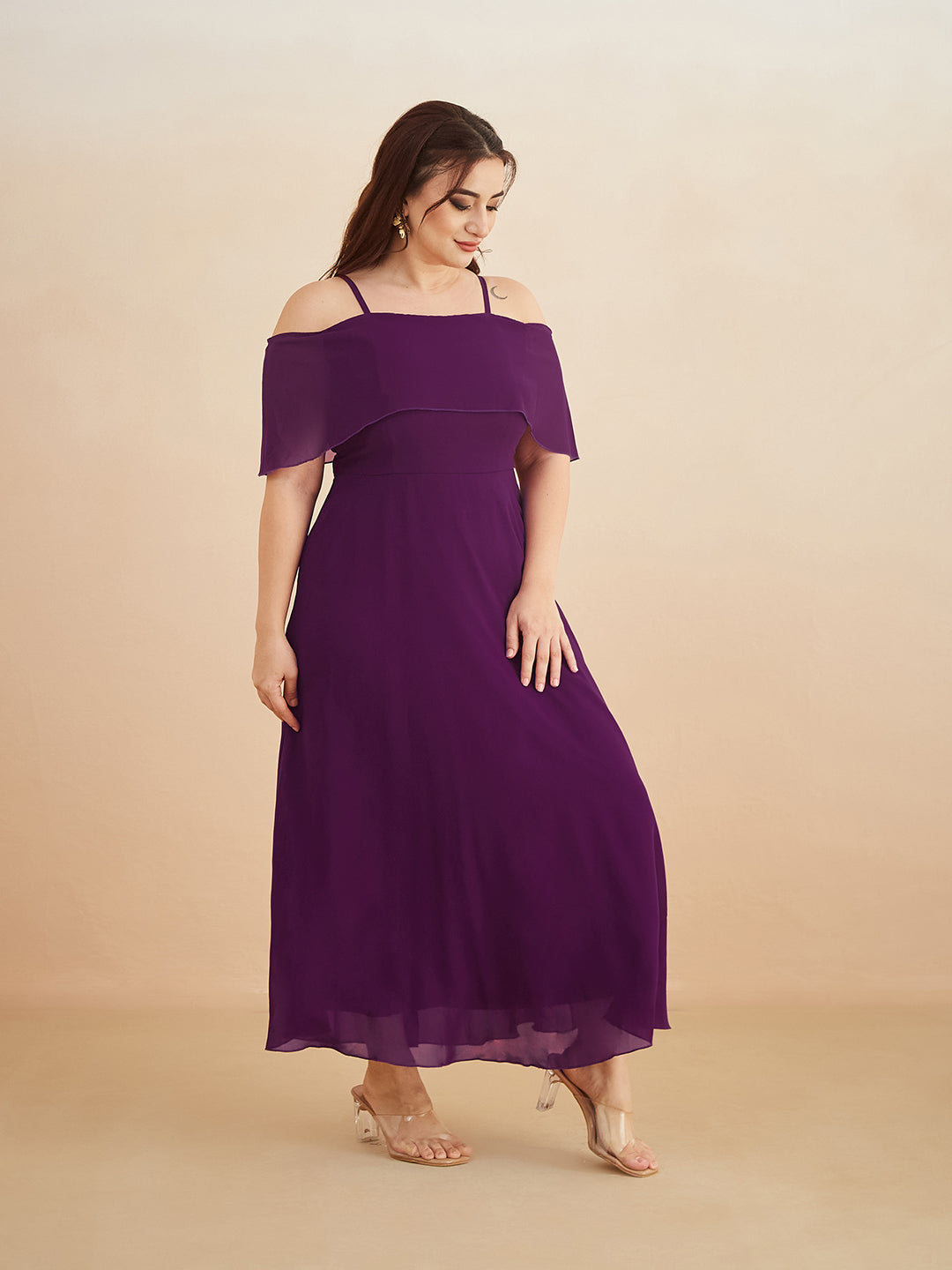 Purple Bardot Style Sleeveless Spaghetti Strap Solid Off Shoulder Midi Skater Dress for Women — Miss Chase A+