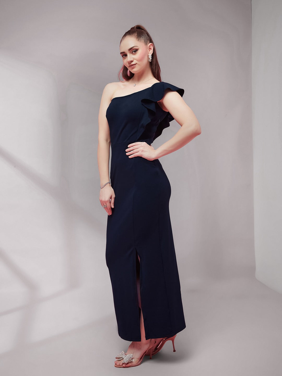 Navy Blue Solid One Shoulder Sleeveless Ruffled Maxi Dress for Women