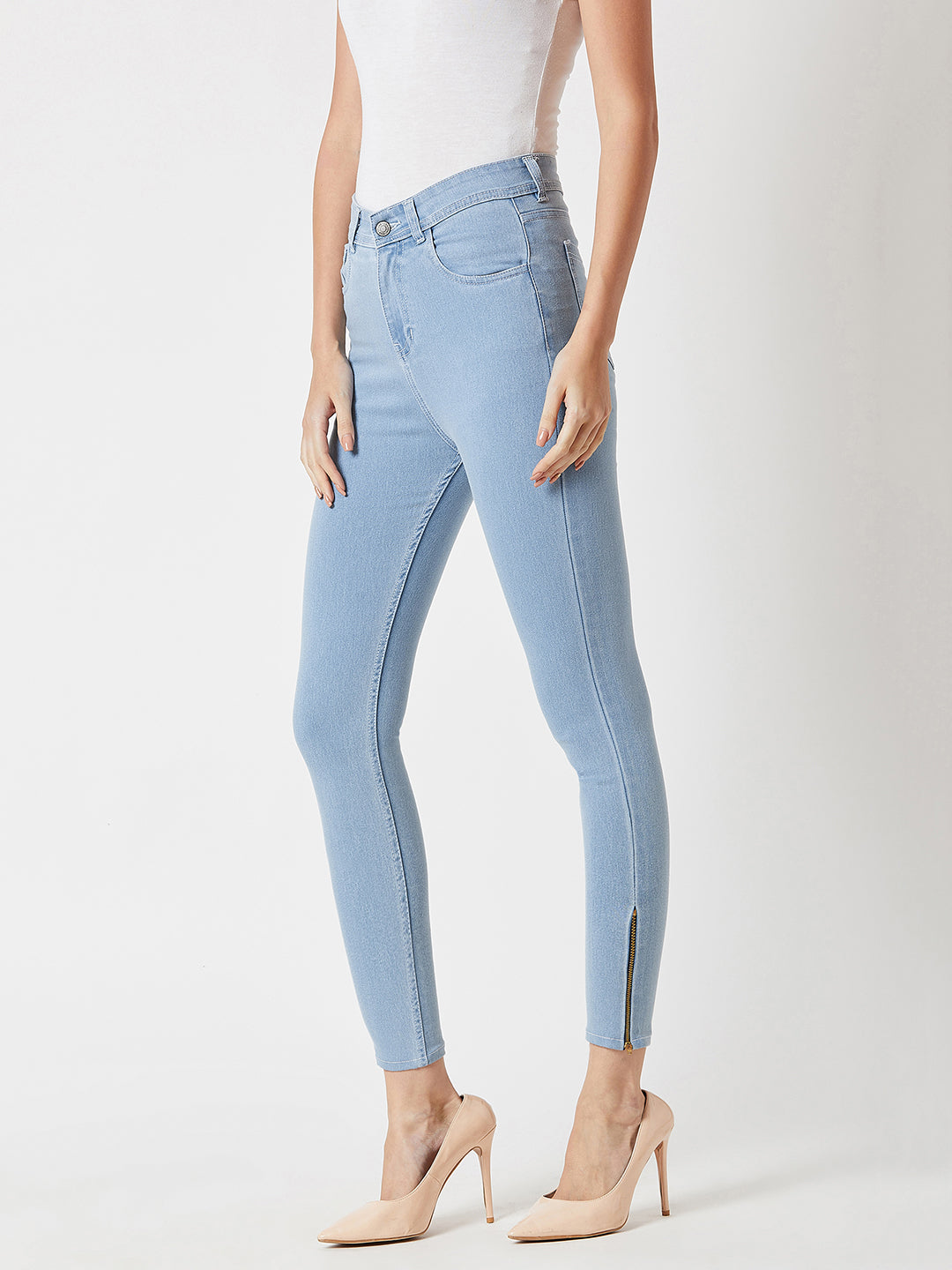 Women's Light Blue Skinny High-Rise Distressed Cropped Denim Jeans