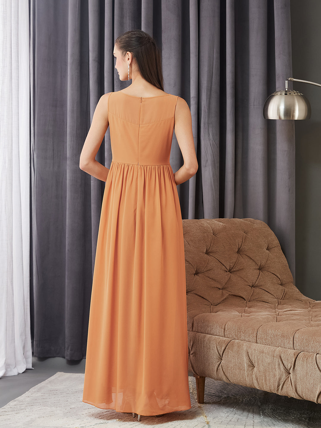 Women's Dusty Orange Boat Neck Sleeveless Embroidered Georgette Gathered Maxi Dress