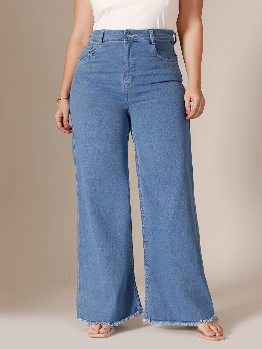 Blue Wide-Leg High-Rise Clean-Look Regular-Length Stretchable Denim Jeans for Women