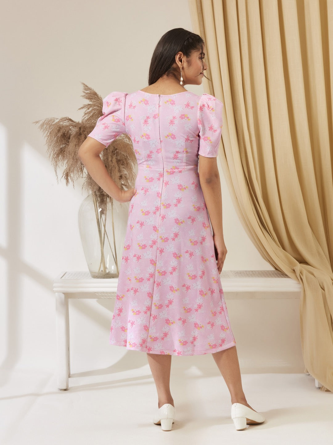 Pink V-neck Puff Sleeve Floral Wrap Midi Dress for Girls/Teenagers