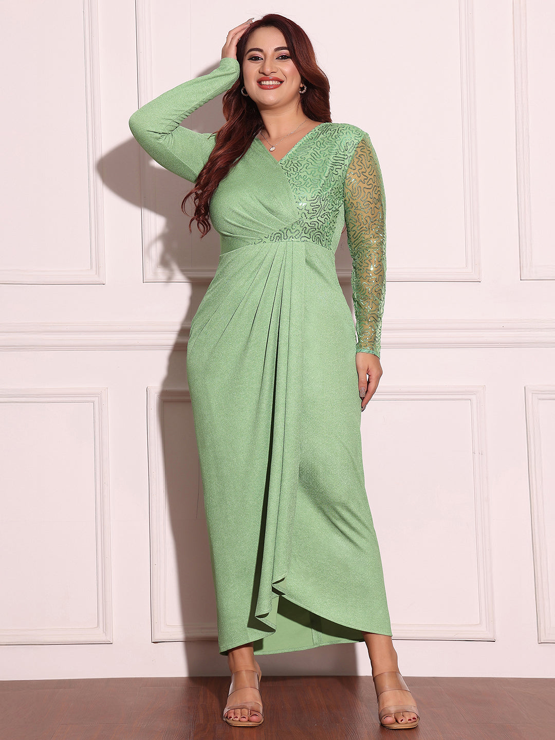 Mint Embellished V-Neck Full Sleeve Polyester Pleated Slim Fit Longline Dress for Women