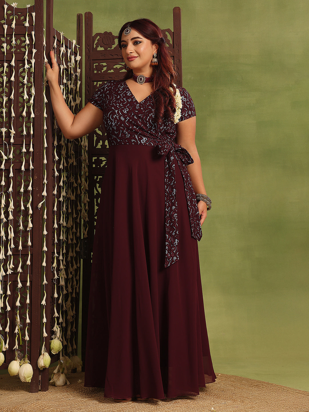 Women's Wine Colored V-Neck Short-Sleeved Self Designed Lace-Overlaid Maxi Georgette Dress