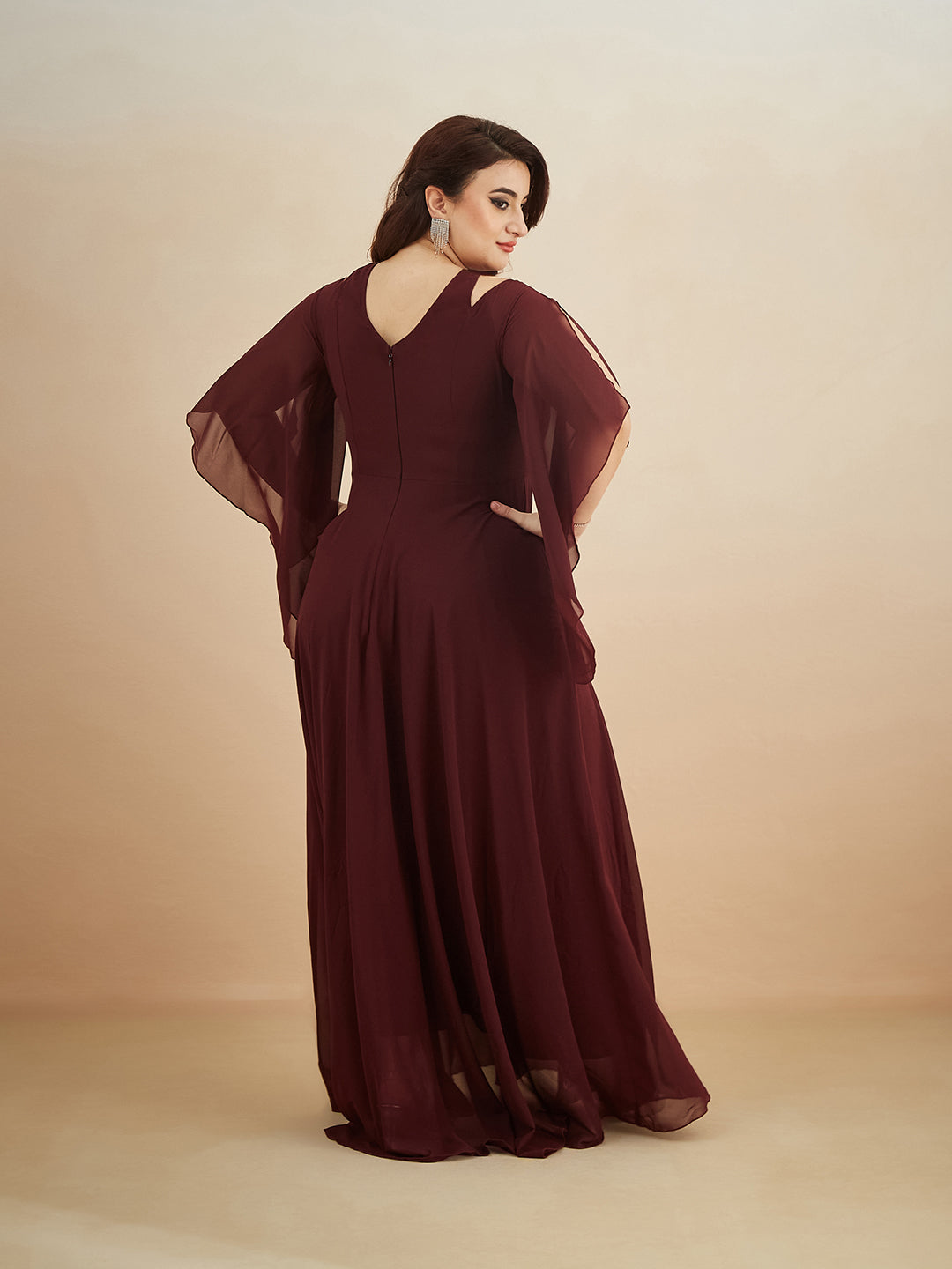 Wine Solid Relaxed Fit Round Neck Flared Sleeve Maxi Dress  for Women