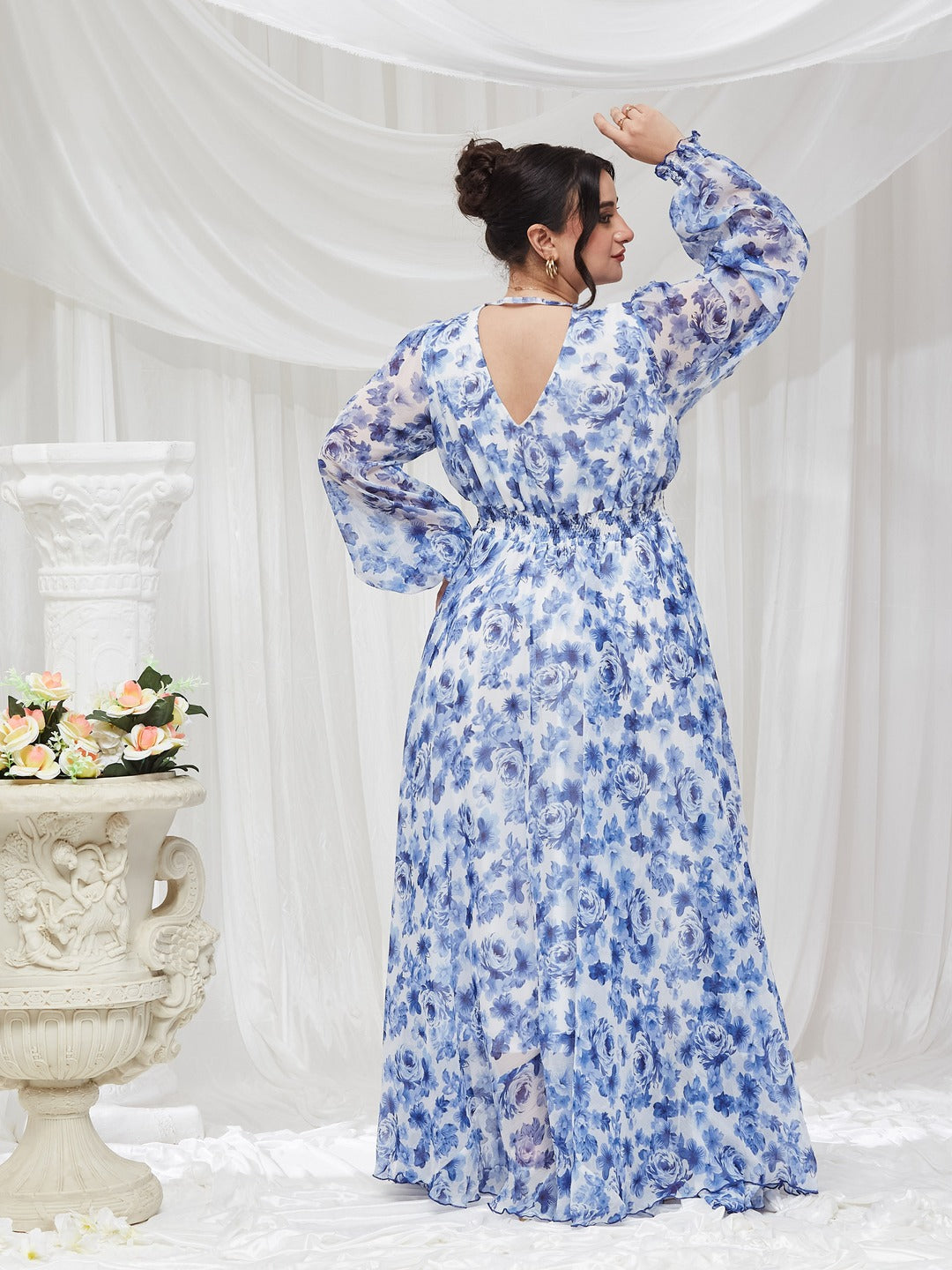 White V-Neck Full Sleeve Floral Gathered Chiffon Maxi Dress for Women — Miss Chase A+