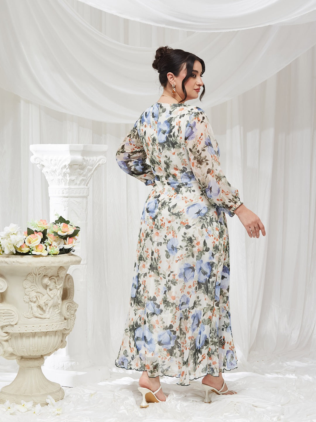 Off White V-Neck Three-Quarter Sleeve Floral Wrap Chiffon Midi Dress for Women