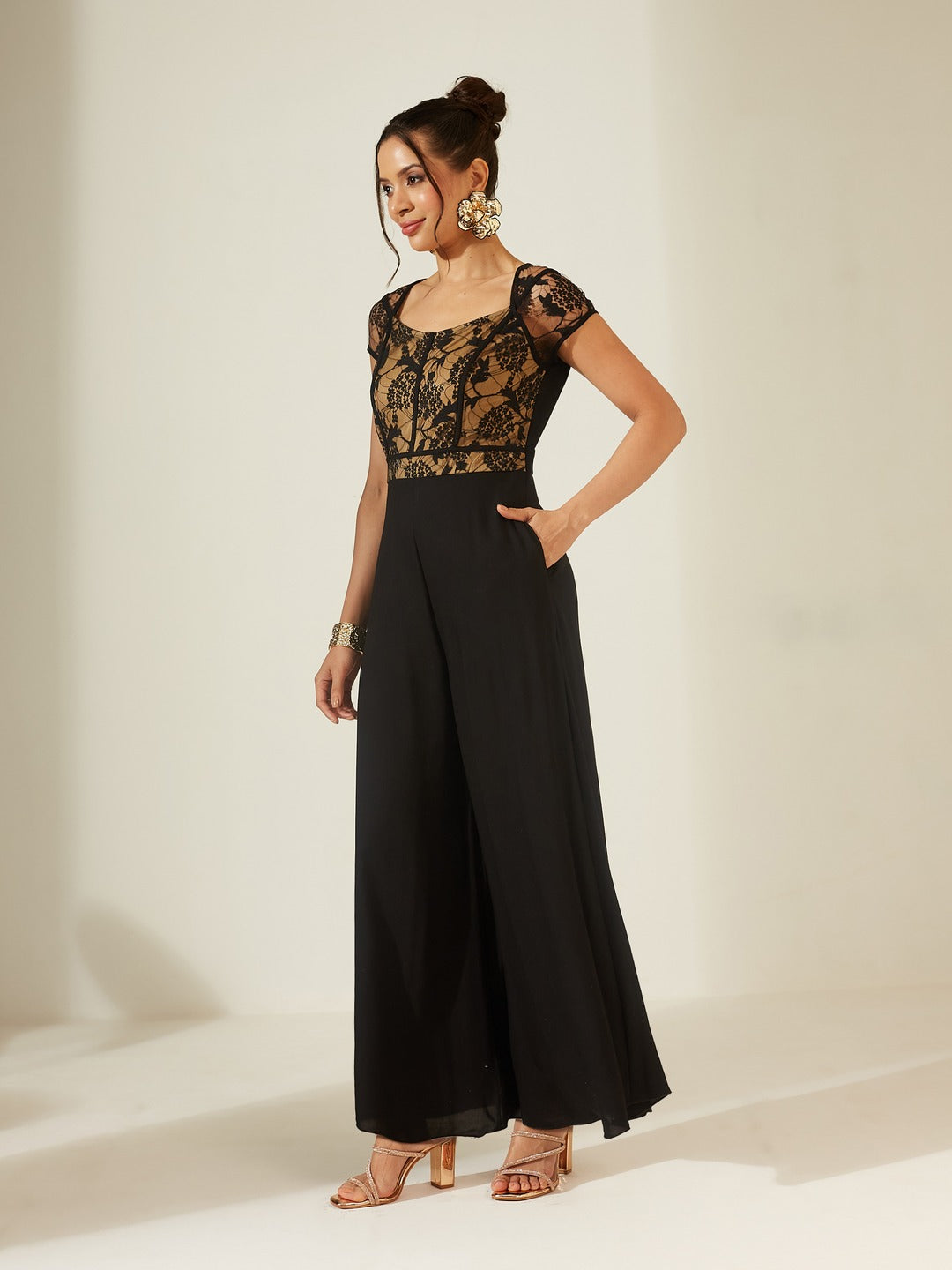 Black Sweetheart Neck Raglan Sleeve Floral Lace Overlaid Viscose-Rayon Regular Length Jumpsuit for Women