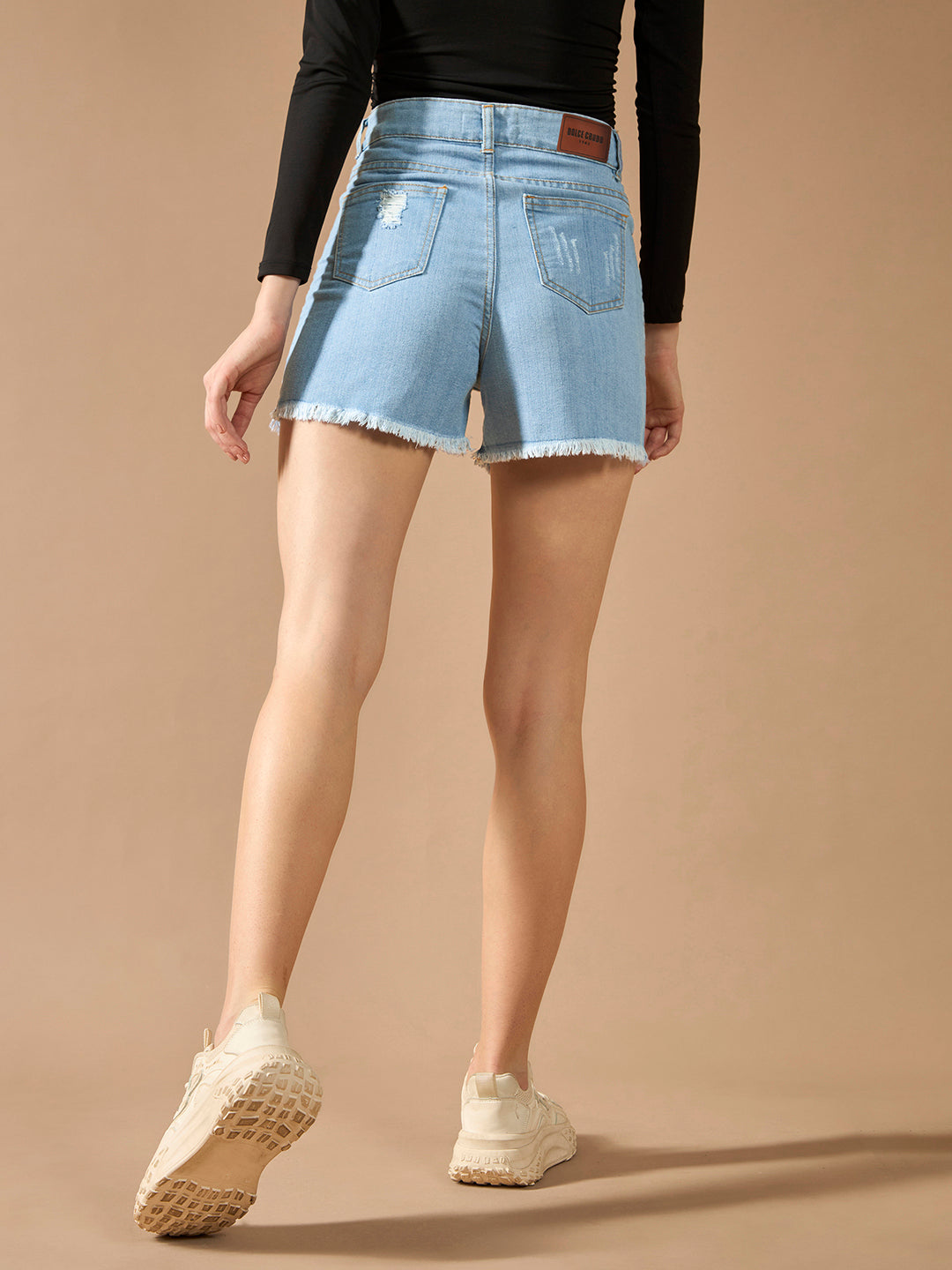 Women's Blue Relaxed Fit Mid Rise Highly Distressed Regular Length Denim Shorts