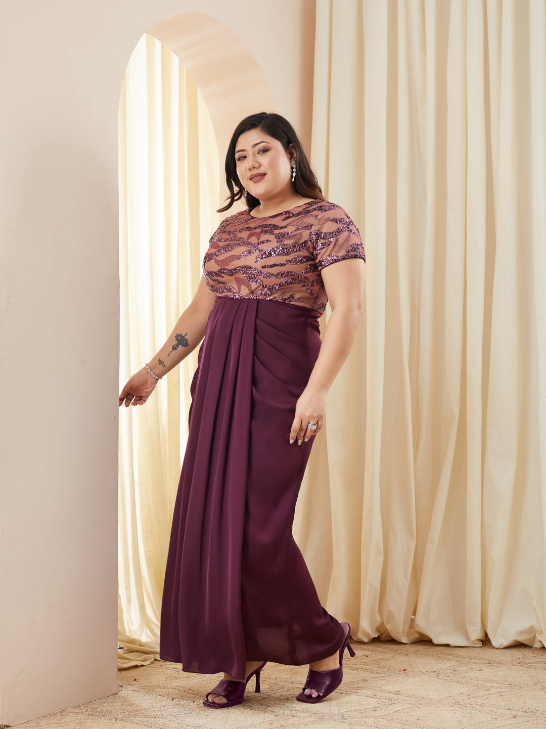 Purple Pleated Satin Gown with Round Neck & Embellishments for Women