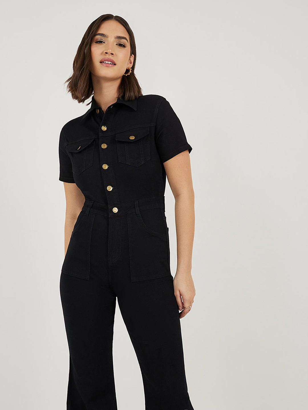 Women's Black Flared High-Rise Stretchable Denim Jumpsuit