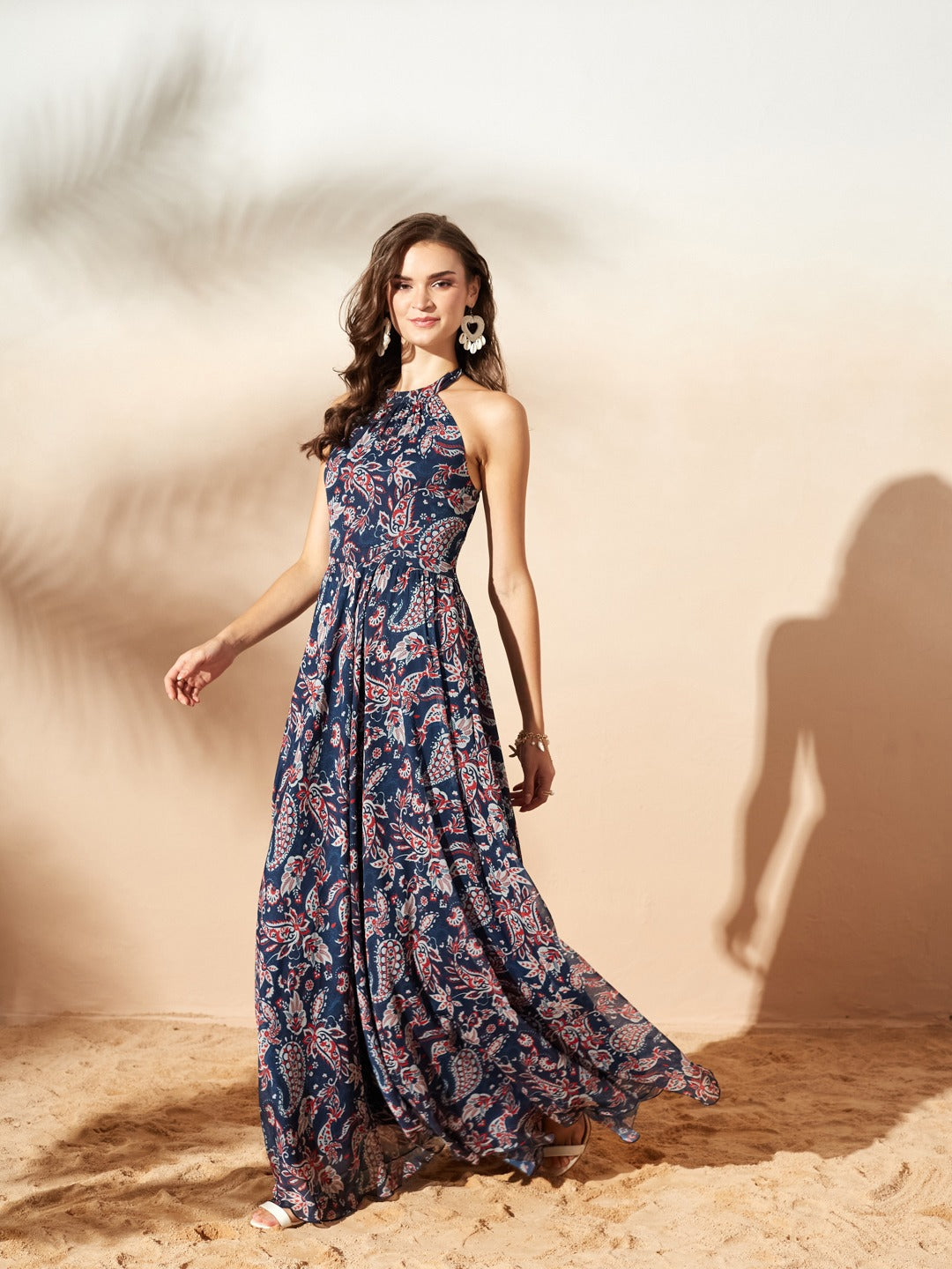 Navy Blue Halter Neck Floral Printed Maxi Dress for Women