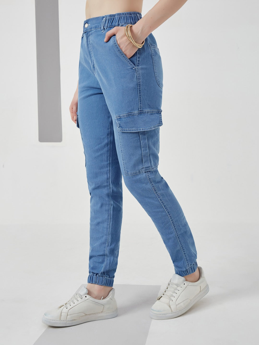 Light Blue Regular high-rise Regular Stretchable Light Weight Denim joggers for Women