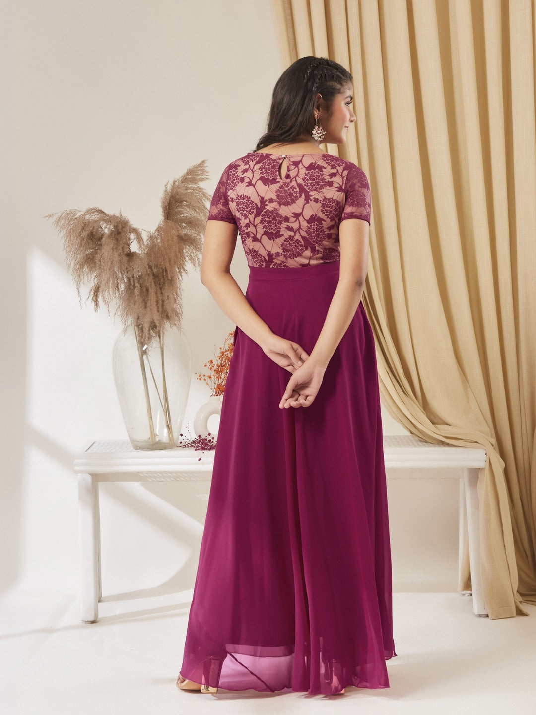 Dark Pink Round Neck Half Sleeve Self-Designed Fit & Flare Georgette Maxi Dress for Girls/Teenagers