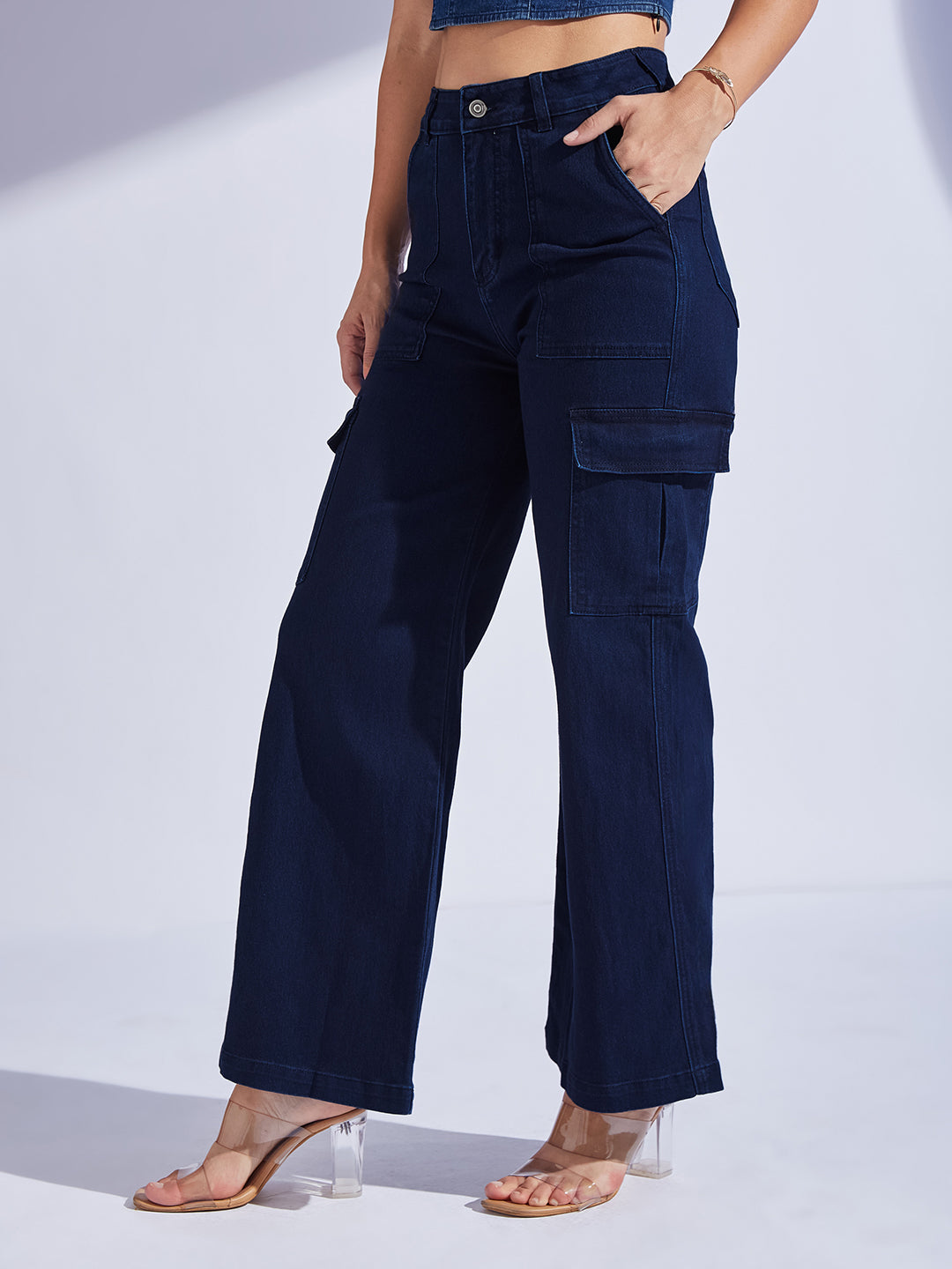 Women's Navy Blue Wide leg High-Rise Stretchable Denim Jeans