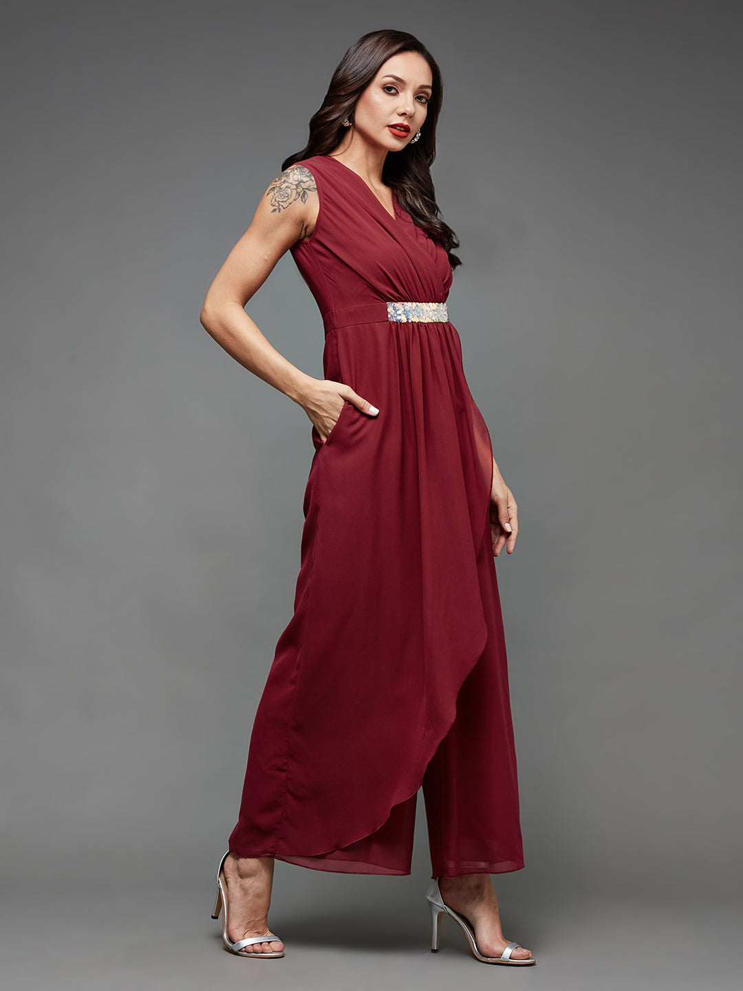 Women's Cocktail Maroon V-Neck Sleeveless Sequined Party Wrap Jumpsuit