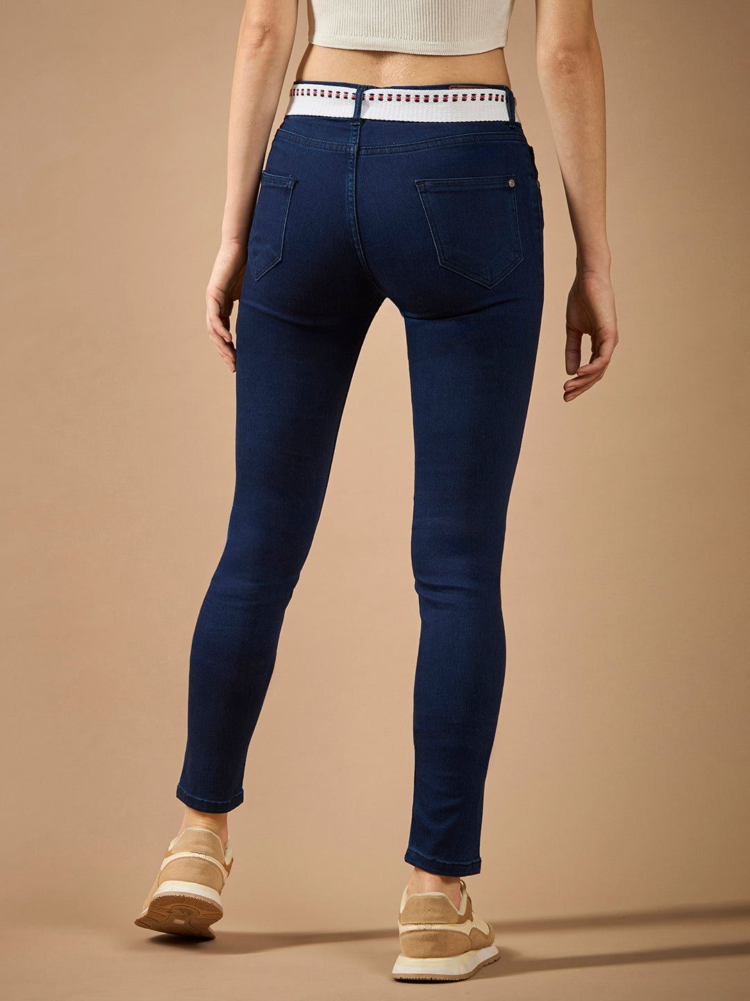 Women's Navy Blue Skinny-Fit Mid-Rise Regular-Length Twill Tape Detailing Denim Stretchable Jeans