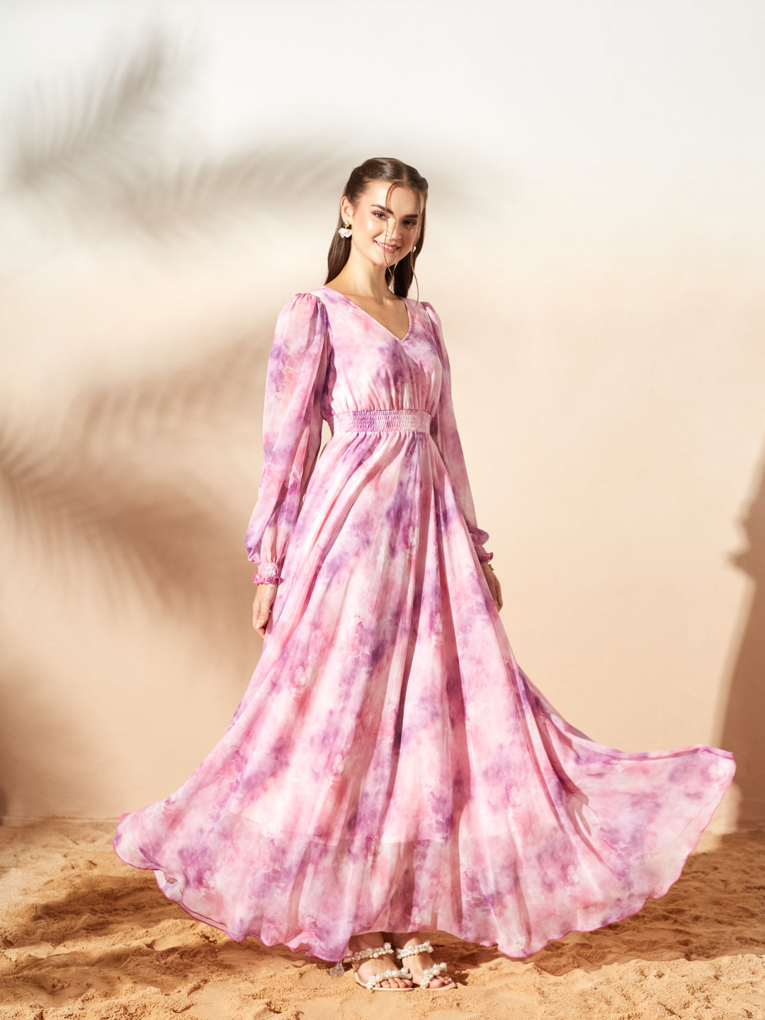 Pink & Lavender Full Sleeves Floral Printed Fit and Flare Dress for Women