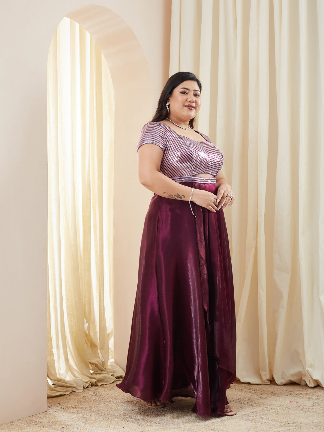 Embellished Dark Purple Gown in Luxe Pleated Satin with Sweetheart Neck for Women