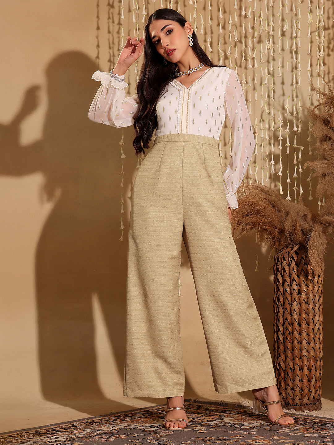 Women's Off White & Beige V-Neck Bishop Sleeve Self Design Frilled Regular-Length Polyester Jumpsuit