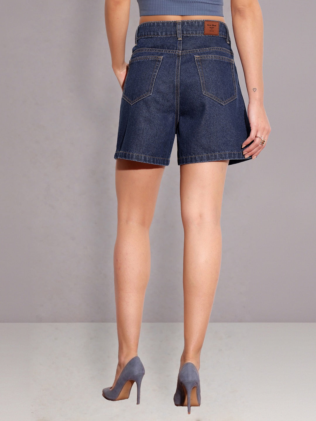 Dark Blue Flared High-Rise Denim Shorts for Women
