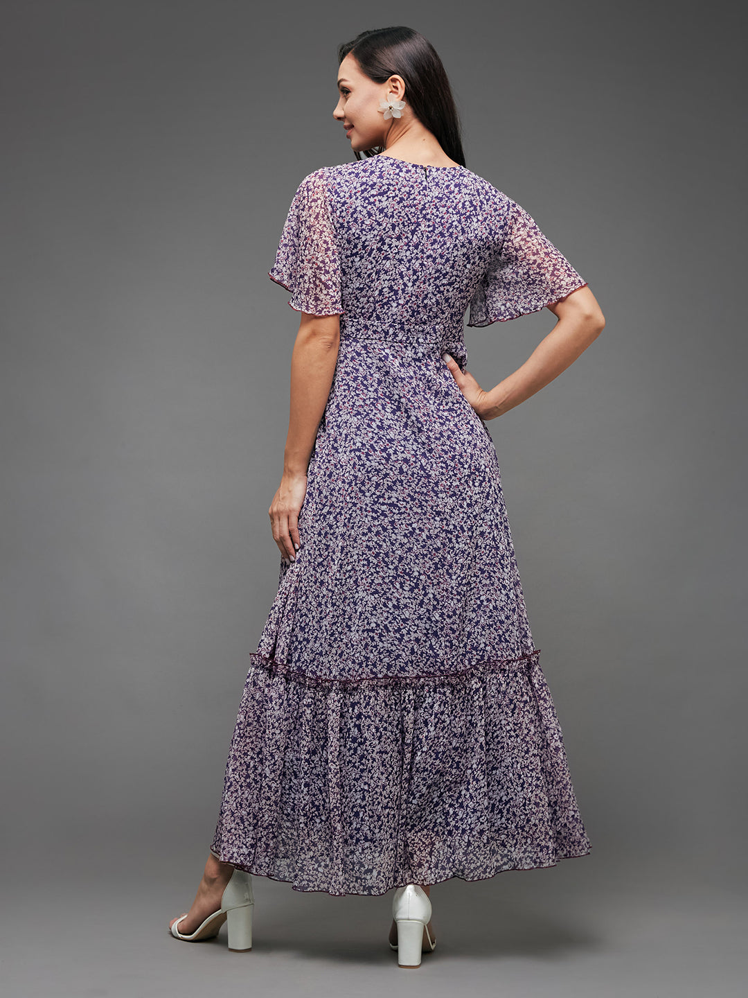 Women's Multicolored-Base-Purple V Neck Flared Sleeve Floral Wrap Chiffon Maxi Dress