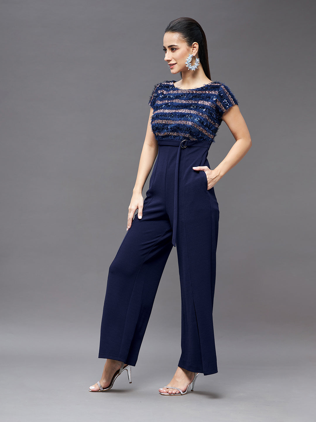 Crease Ease Women's Navy Blue Round Neck Short Sleeve Embellished Front Slit Fringed Regular Jumpsuit