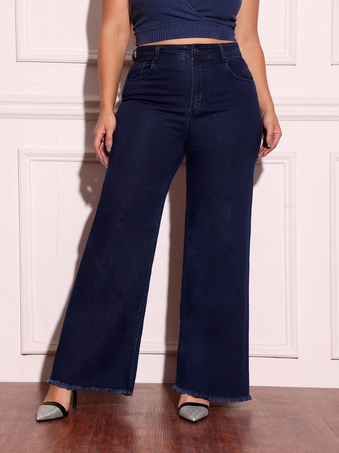 Navy Blue Wide-Leg High-Rise Stretchable Denim Jeans for Women