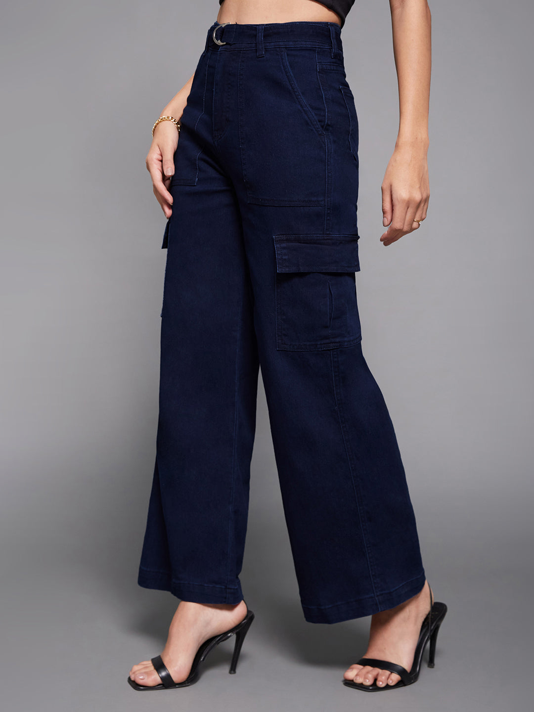 Women's Navy Blue Wide leg High rise Clean Look Regular Stretchable Cargo Denim Jeans