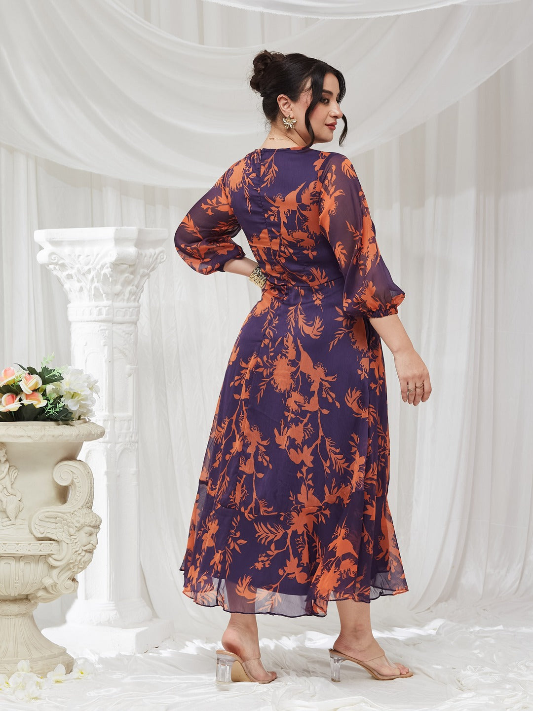 Purple V-Neck Three-Quarter Sleeve Floral Wrap Chiffon Midi Dress for Women — Miss Chase A+