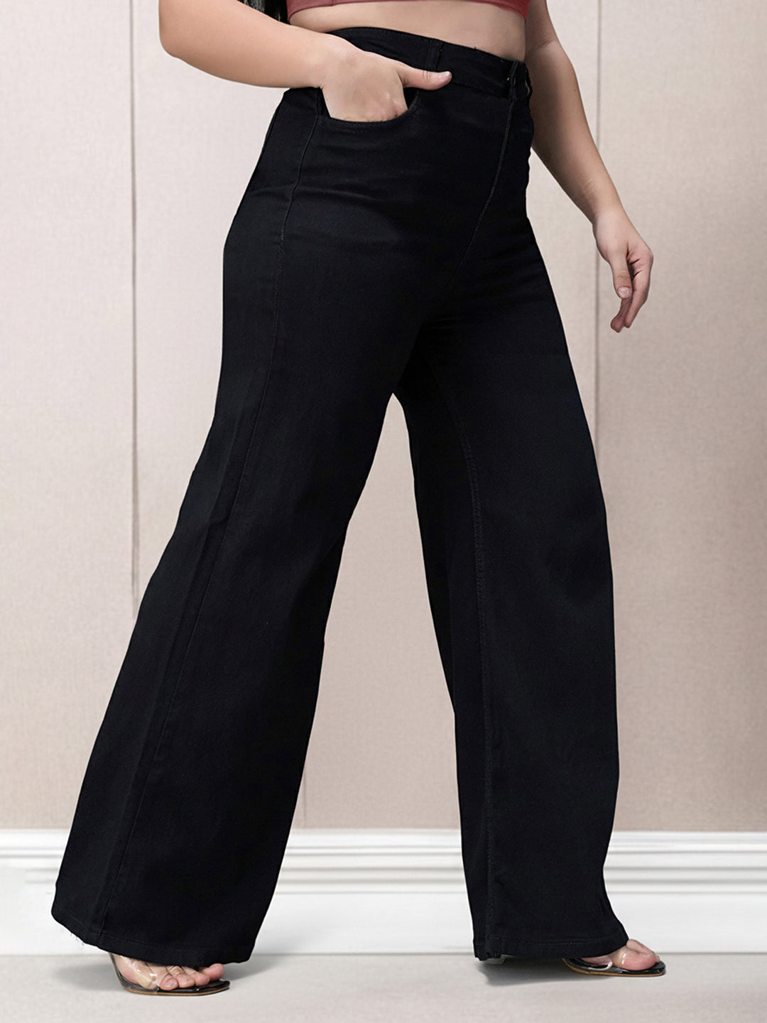 Black Wide Leg High Rise Stretchable Denim Jeans for Women
