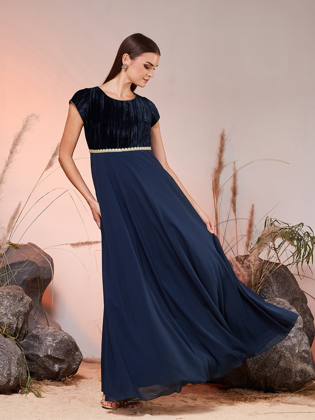 Women’s Navy-Blue Round Neck Short Sleeve Solid Fit & Flare Maxi Georgette Dress for Women