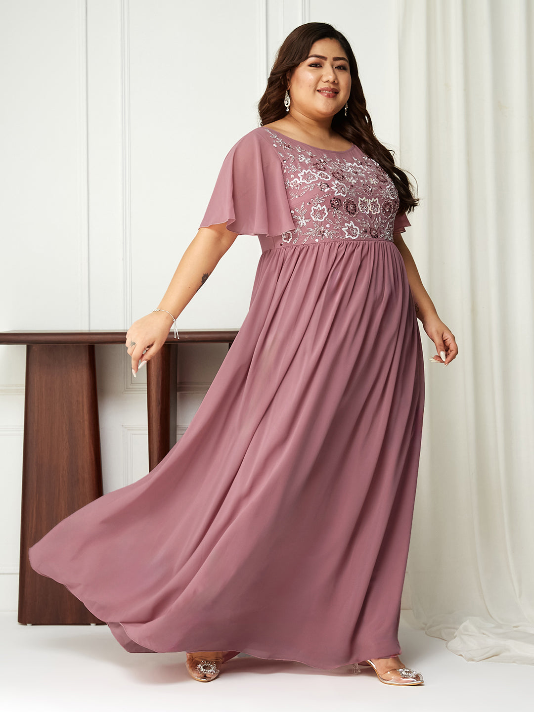 Women's Lavender Boat Neck Half Sleeve Sequin Embroidery Georgette Maxi Dress