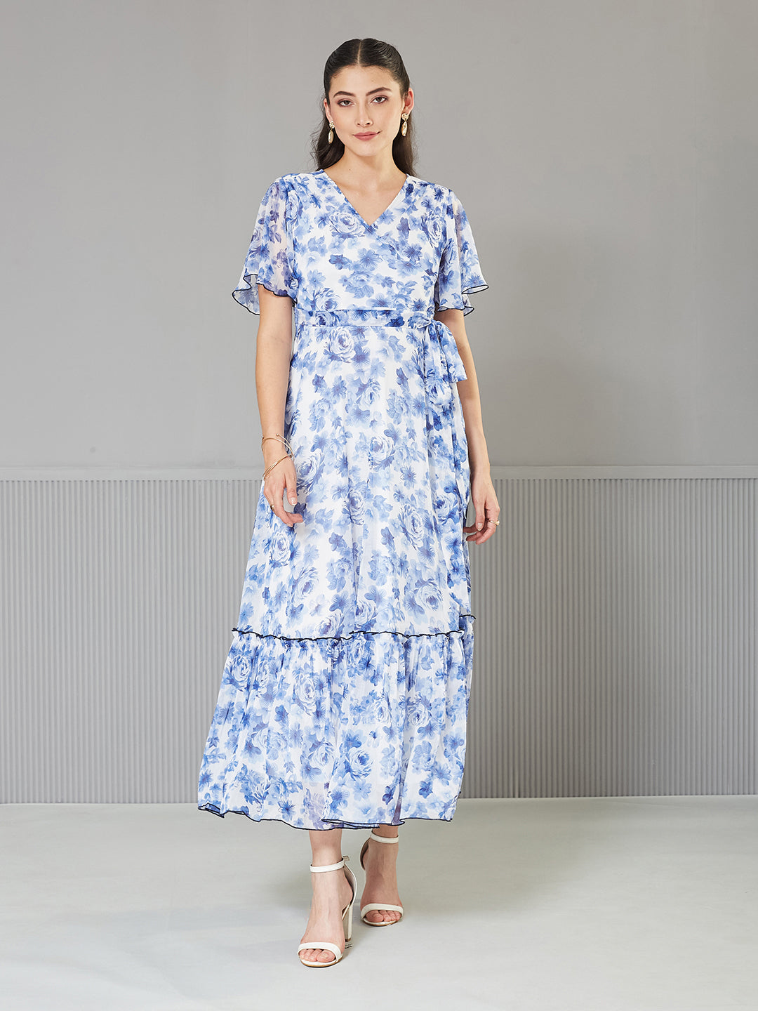 Women's Multicolored Floral Wrap Chiffon Maxi Dress with White Base & Flutter Sleeves