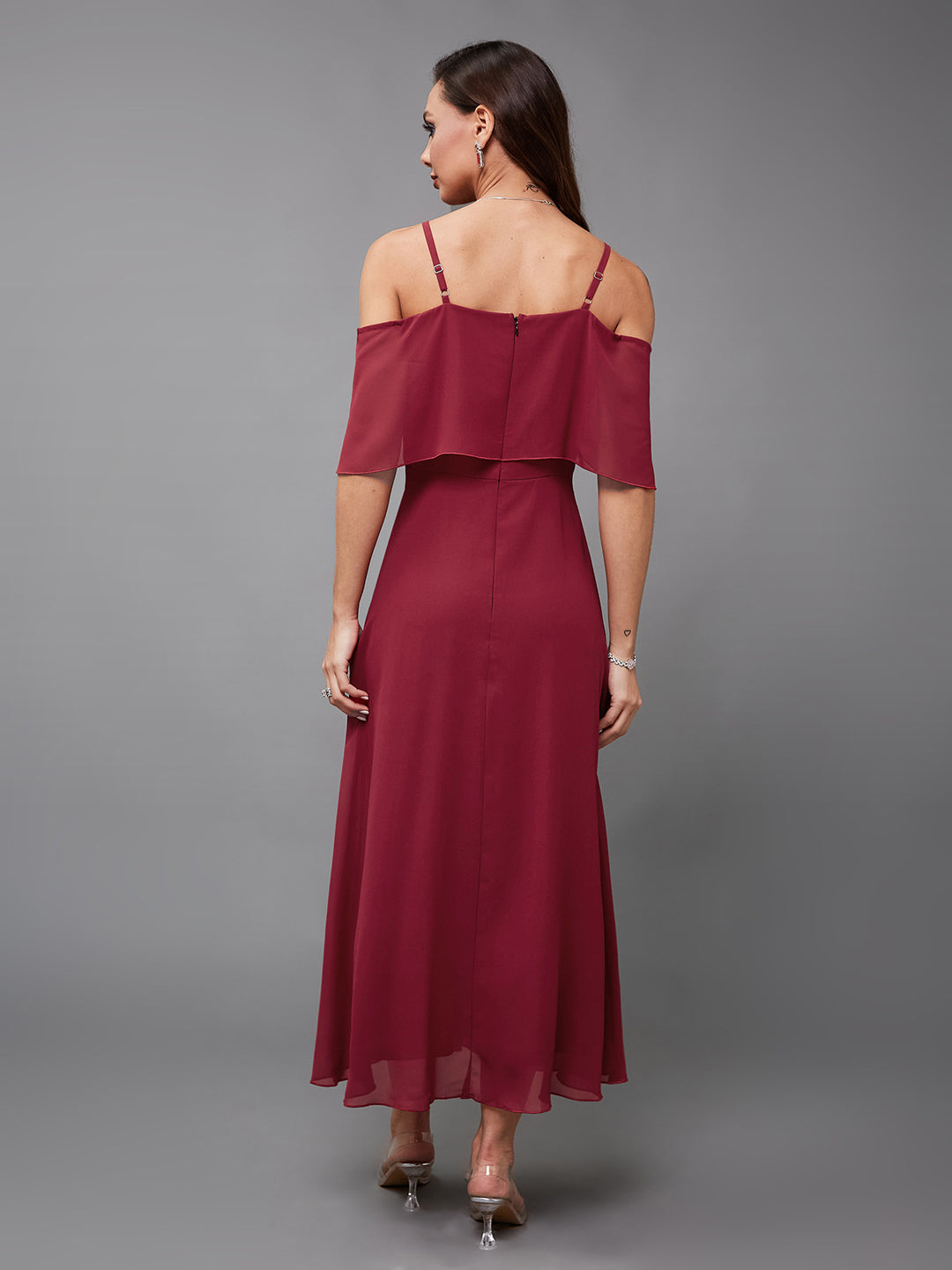 Women's Maroon Off-Shoulder Sleeveless Solid Skater Midi Dress