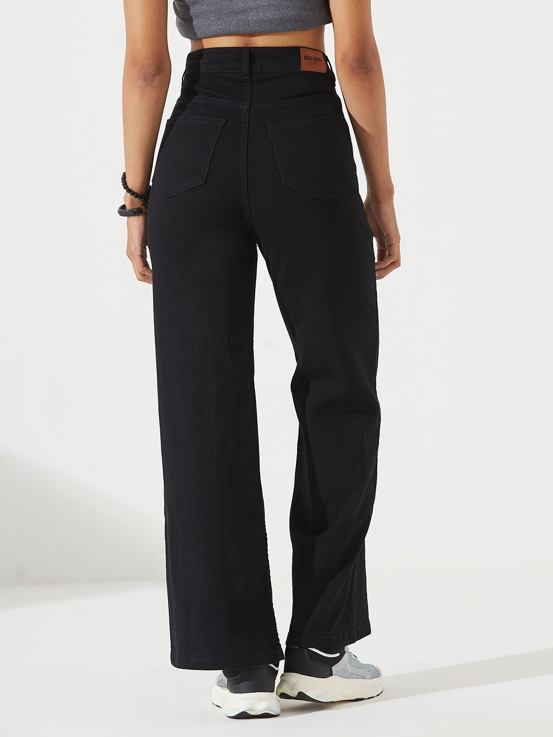 Black Wide Leg High-Rise Stretchable Denim Jeans For Women