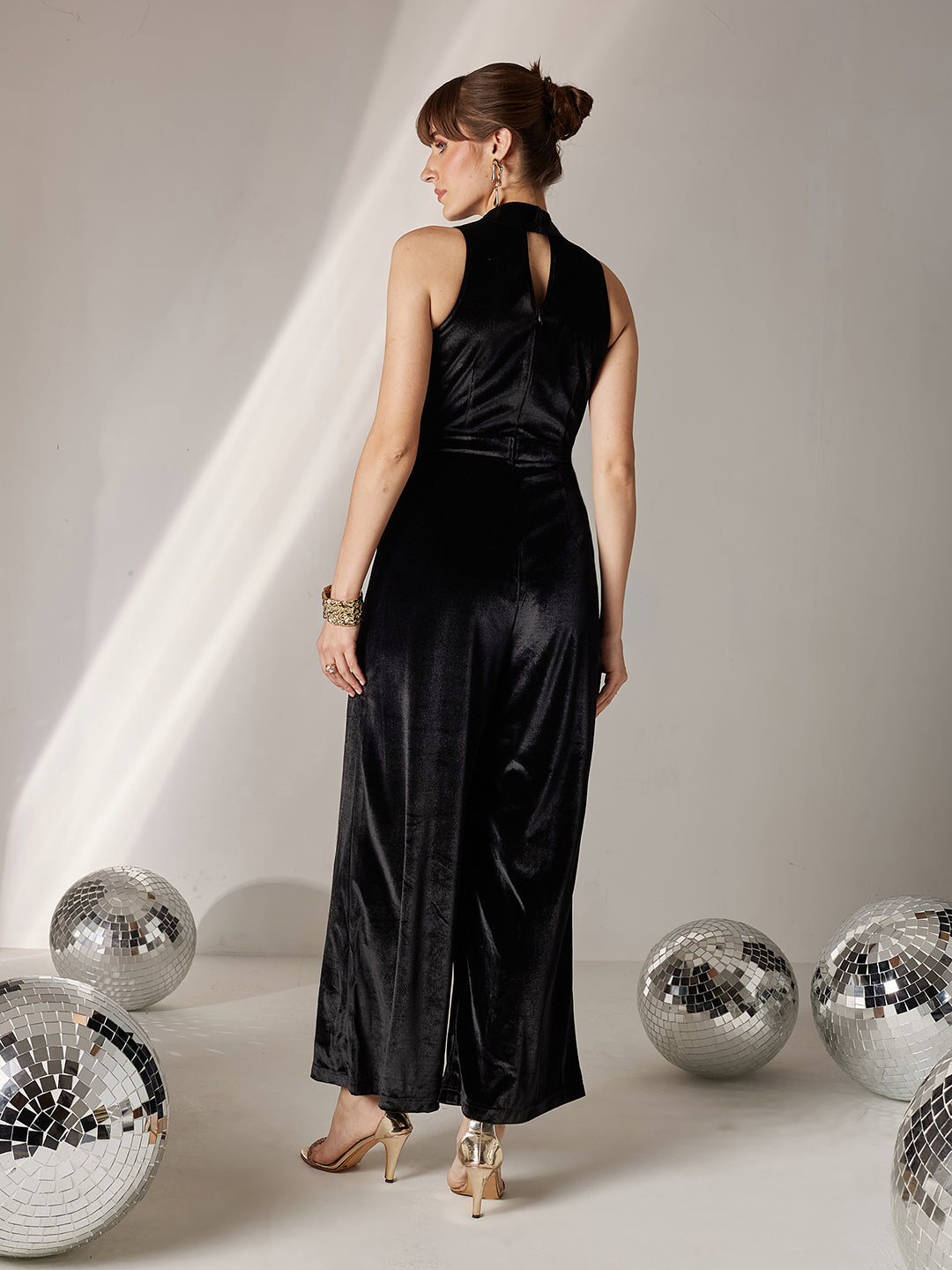 Women's Black Choker Neck Sleeveless Solid Pleated Regular Jumpsuit