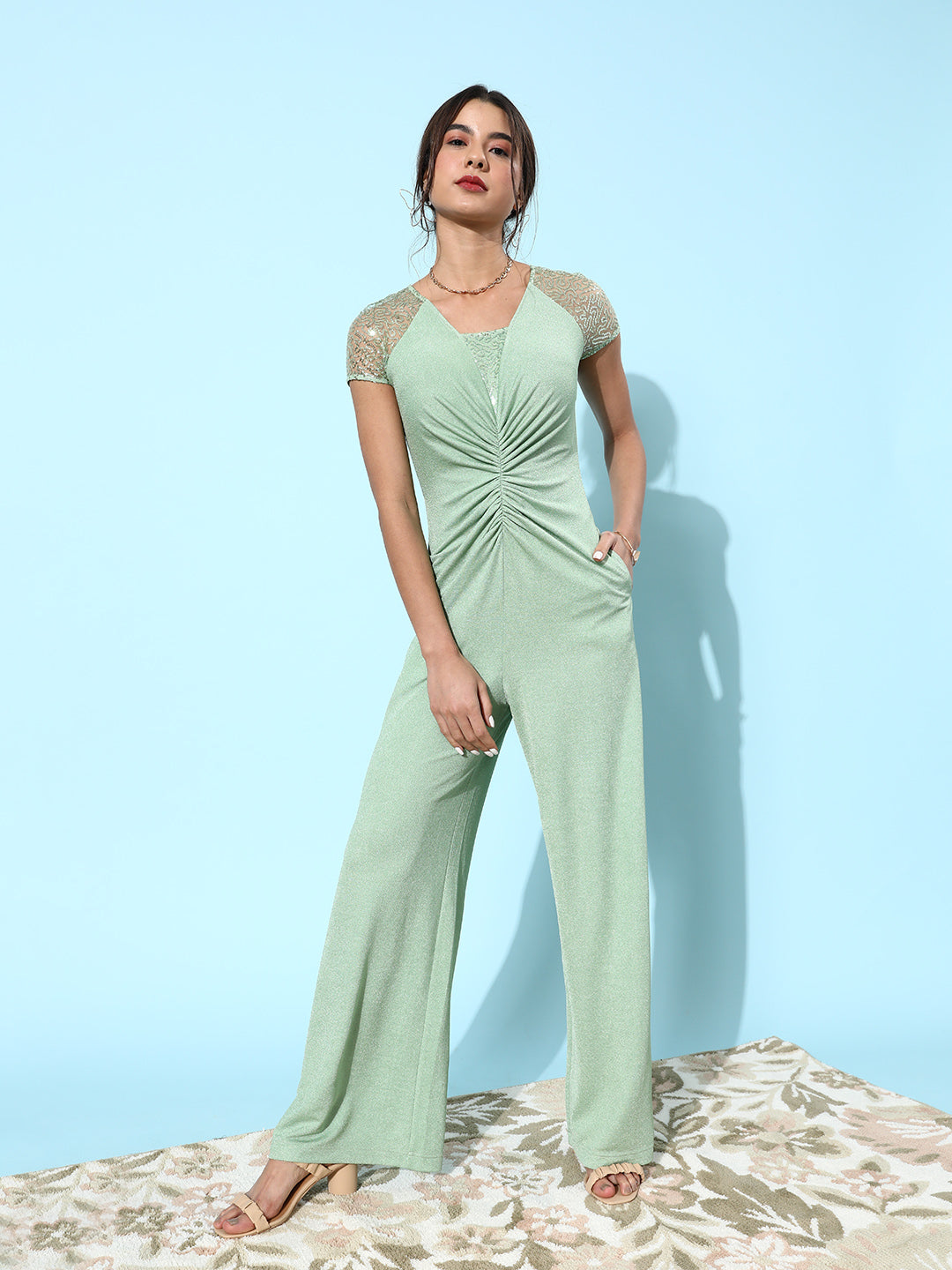 Crease Ease Women's Mint Square Sheer Sleeves Sequined Ruching Party Jumpsuit