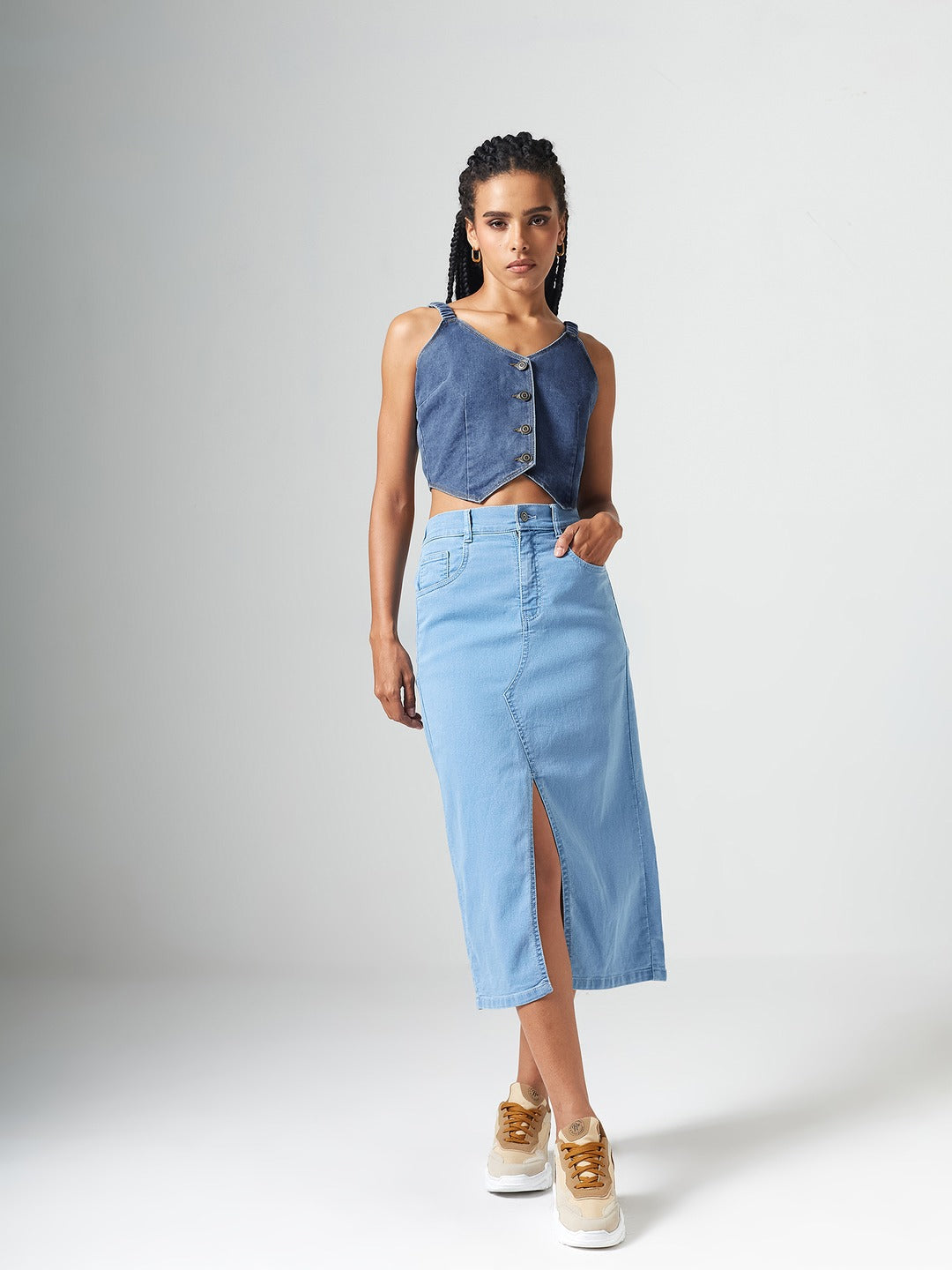 Mid Blue V Neck Elasticated Straps Sleeve Solid Waistcoat-Styled Cropped Denim Top for Women