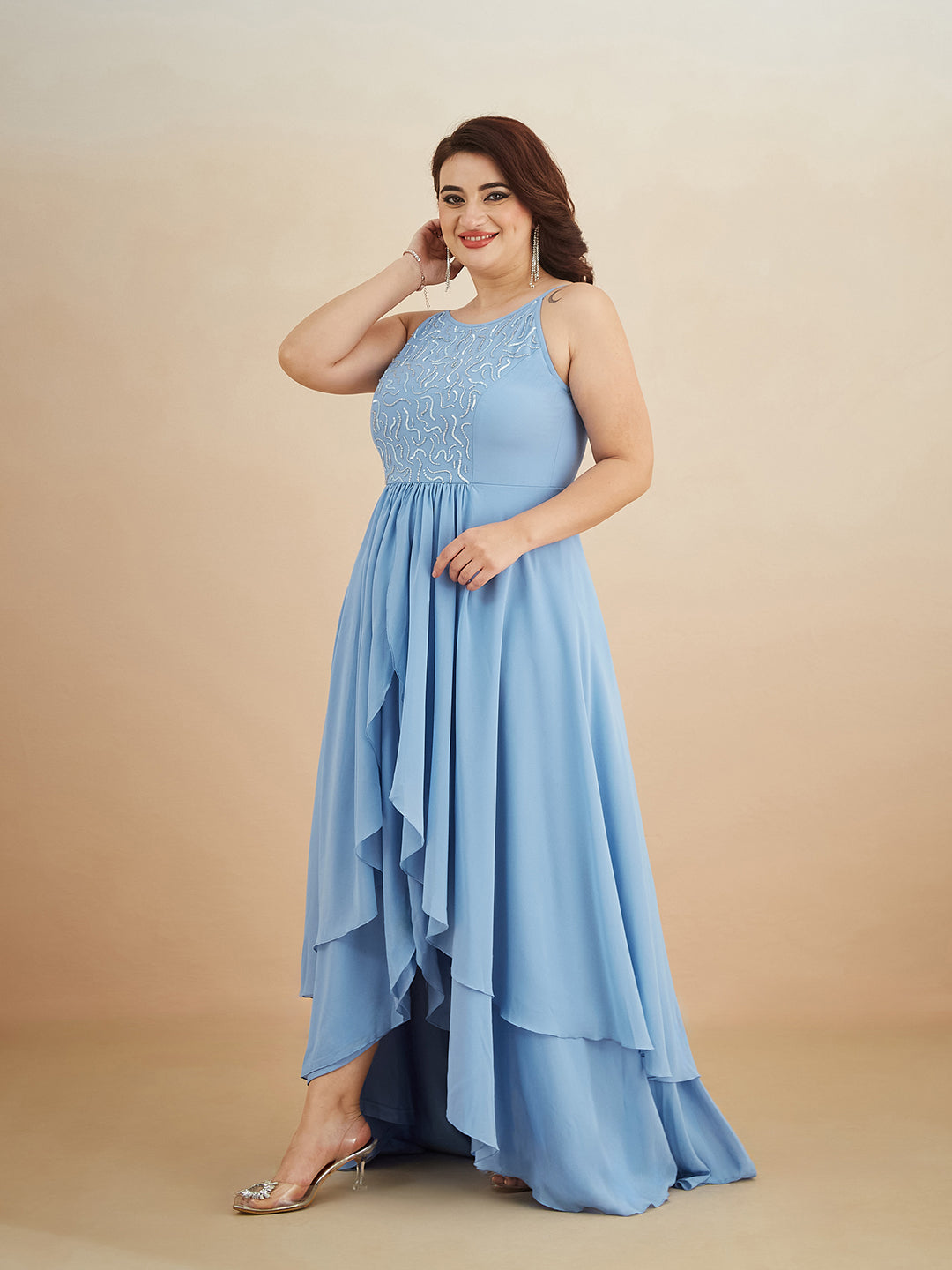 Powder Blue Halter-Neck Sleeveless Embroidered Layered Georgette Maxi Dress for Women — Miss Chase A+