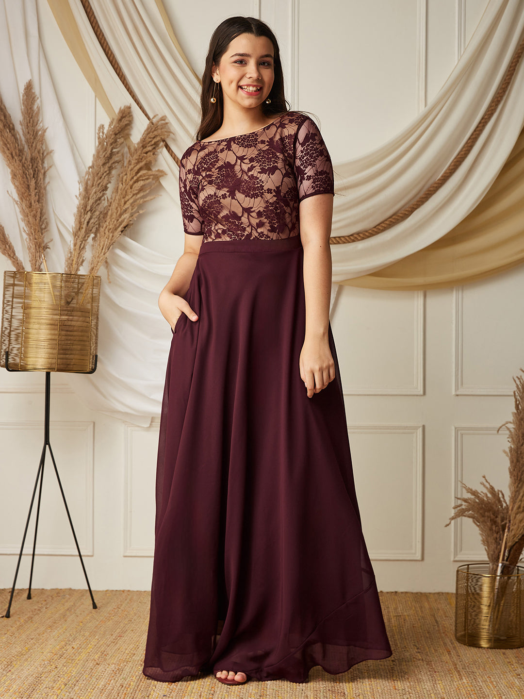 Wine & Beige Relaxed Fit  Georgette Maxi Dress