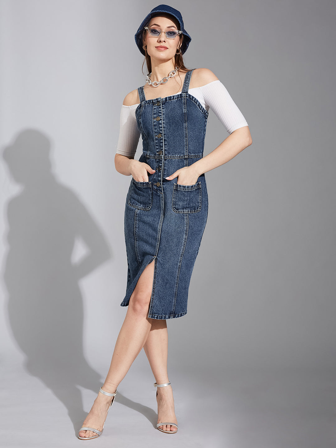 Women's Navy Blue Slim Midi Denim Dress